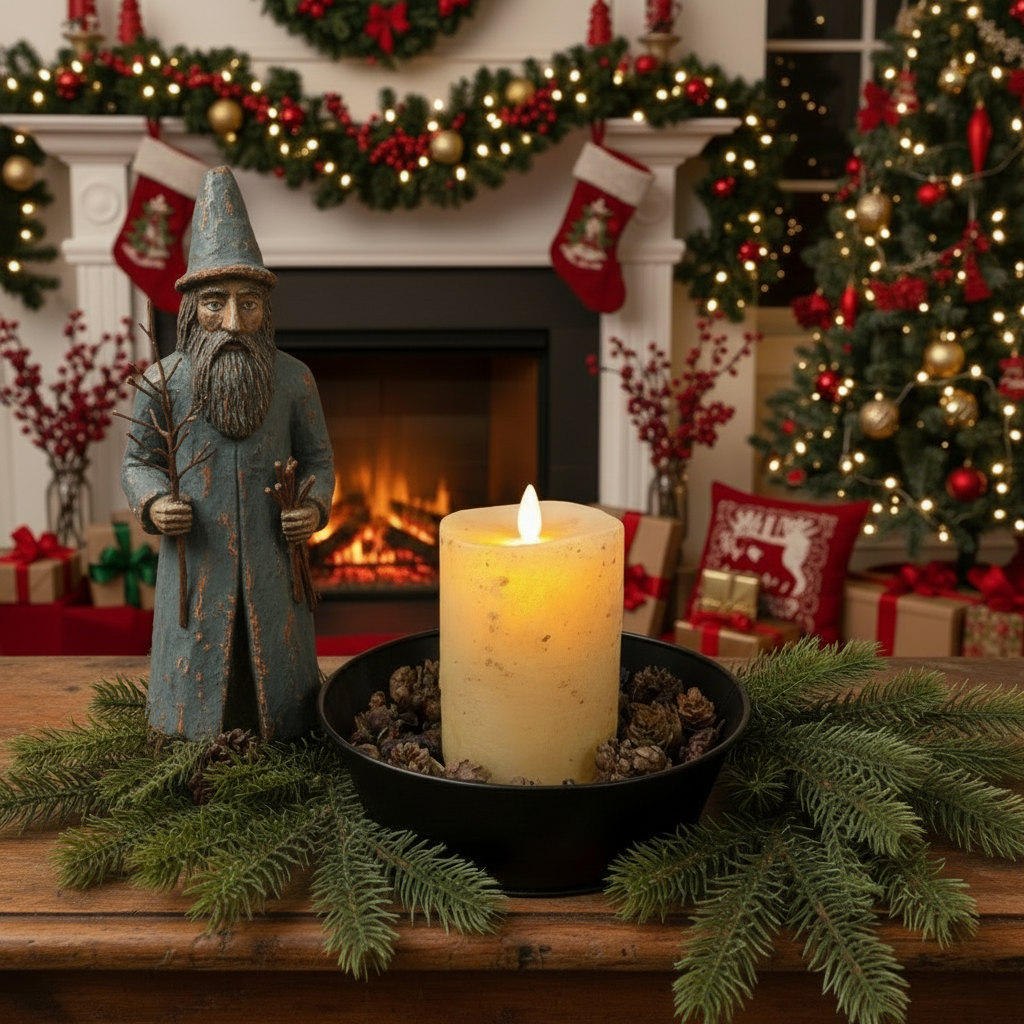 Decorative setup with a candle, figurine, and Christmas decorations in a festive room.