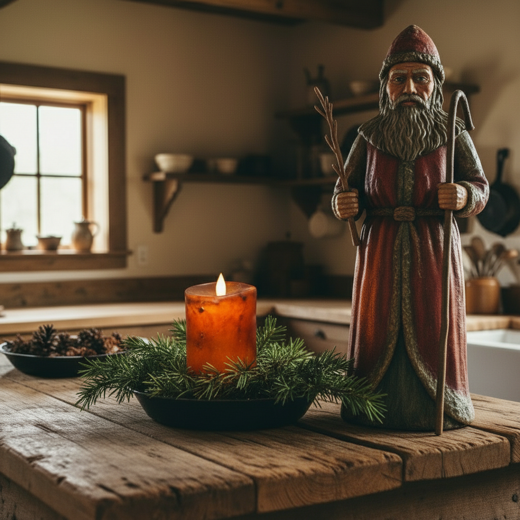 Battery operated pillar on a wood table in a kitchen with a Belsnickel beside it.