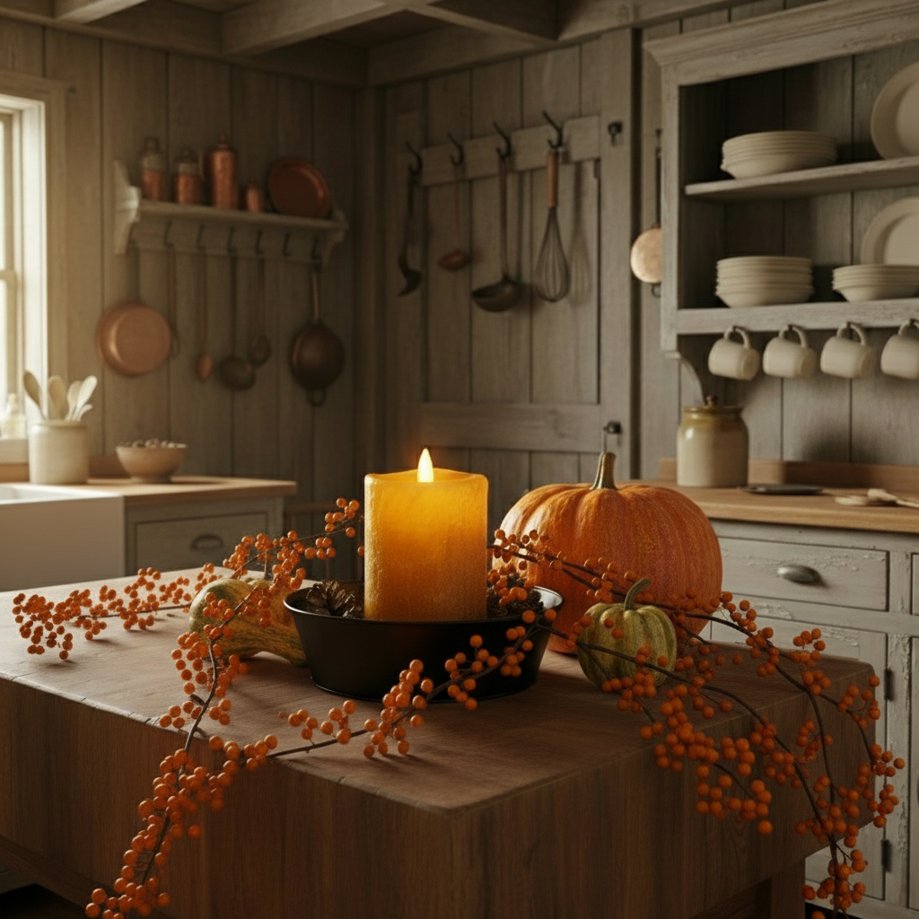 Vintage kitchen with wooden table, lit candle, and rustic decor.