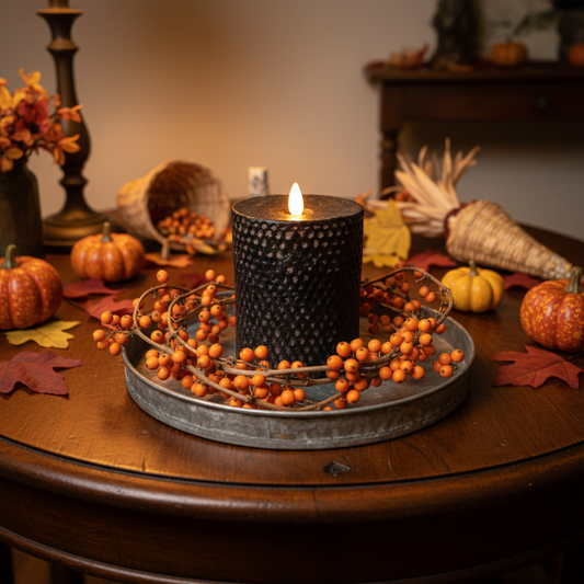 Decorative candle with berries on a wooden table with pumpkins and fall leaves.