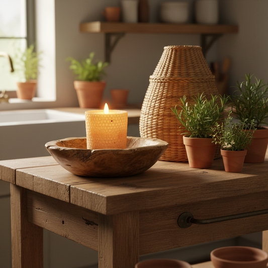 Candle in a wooden bowl on a rustic wooden table with potted plants and a woven lamp.
