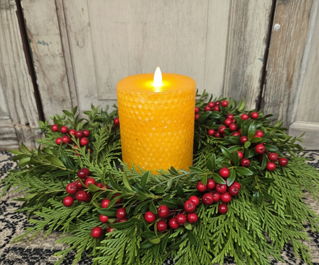 A battery-operated beeswax honeycomb pillar candle with a realistic moving flame, placed on a darker surface with greenery around it.