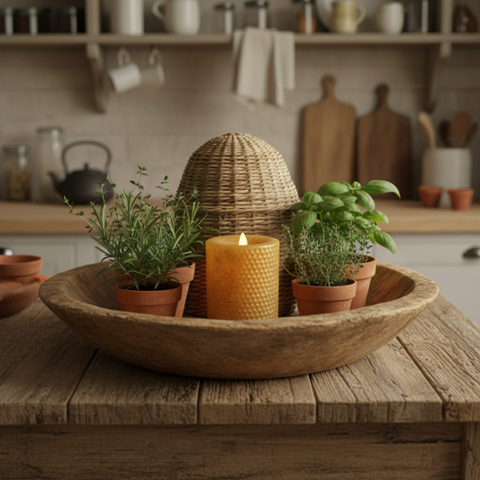 Decorative bowl with potted plants and a candle on a wooden surface in a kitchen setting.
