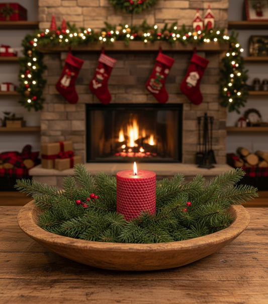 Decorative candle in a woven basket with a fireplace and stockings in the background
