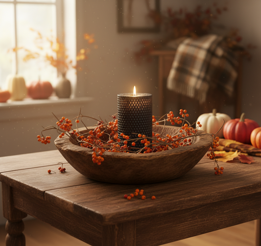 Decorative setup with a candle in a wooden bowl surrounded by berries and pumpkins on a wooden table.