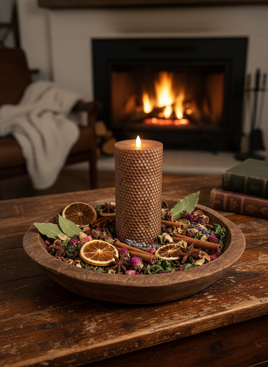 Woven candle in a wooden bowl with dried herbs and oranges on a wooden table in front of a fireplace.