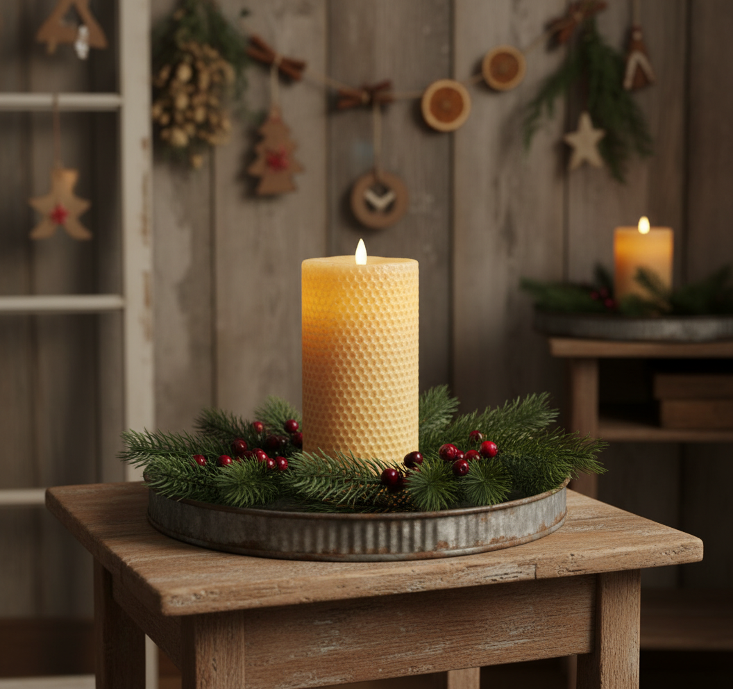 Decorative candle with greenery on a wooden table in a cozy room setting.