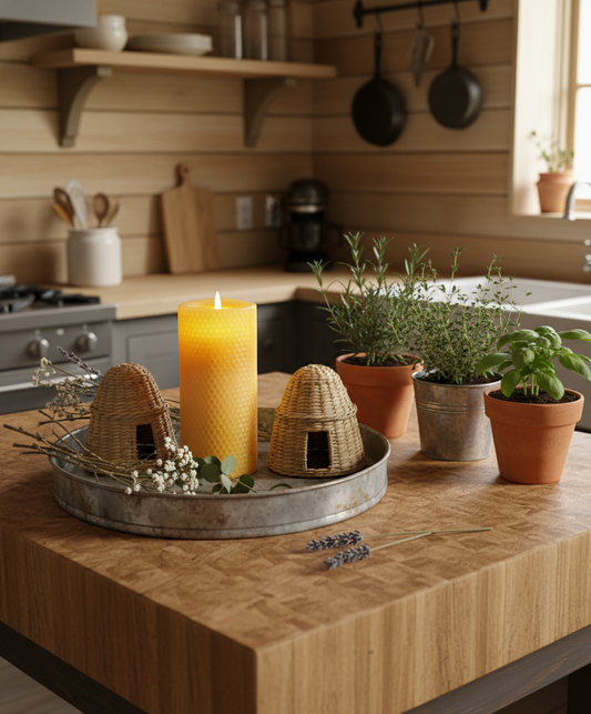 Decorative setup on a kitchen counter with candles, plants, and small beehive models.