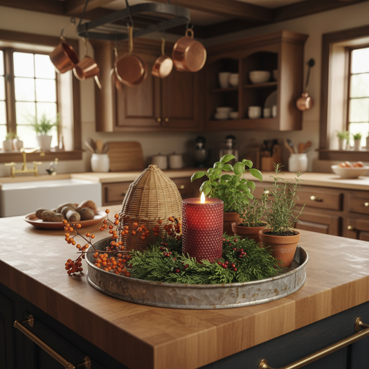 Decorative tray with a candle and plants on a kitchen island