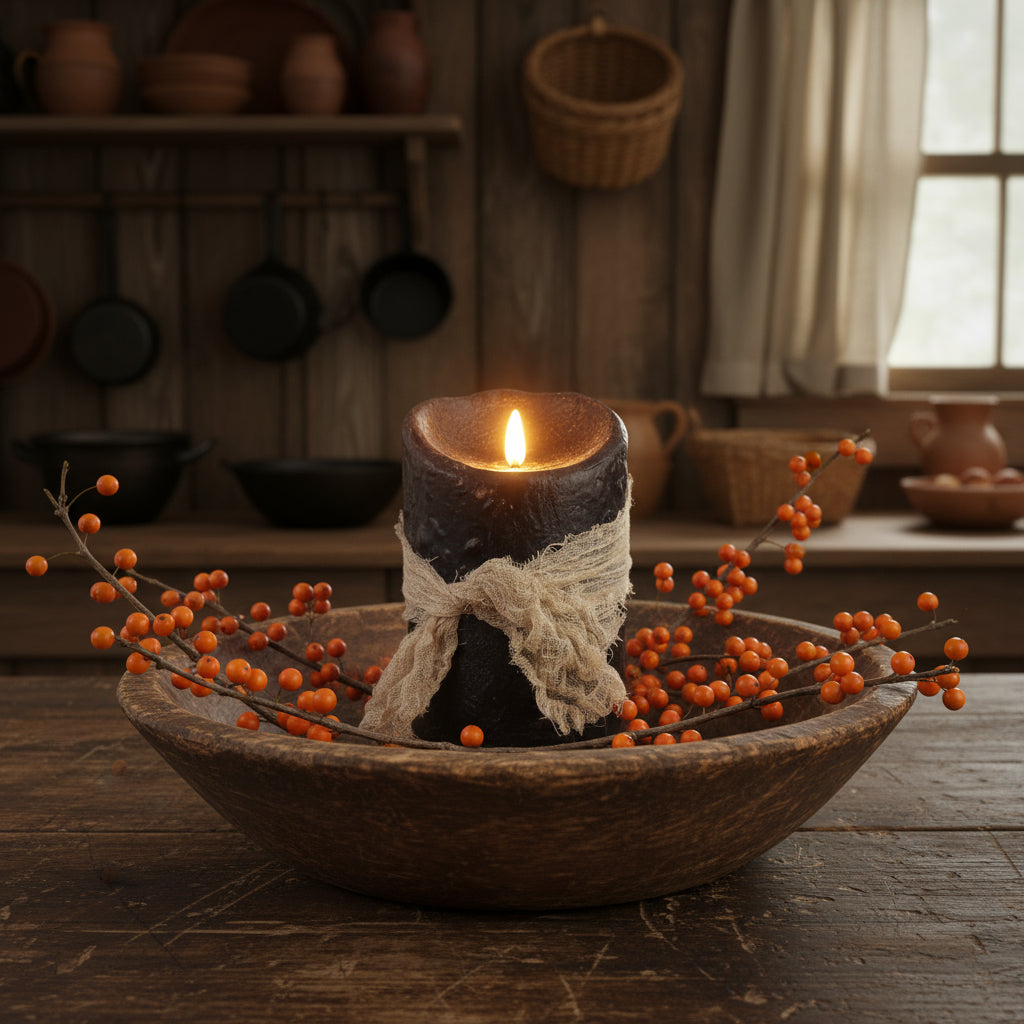 Black candle with burlap wrap on a neutral background