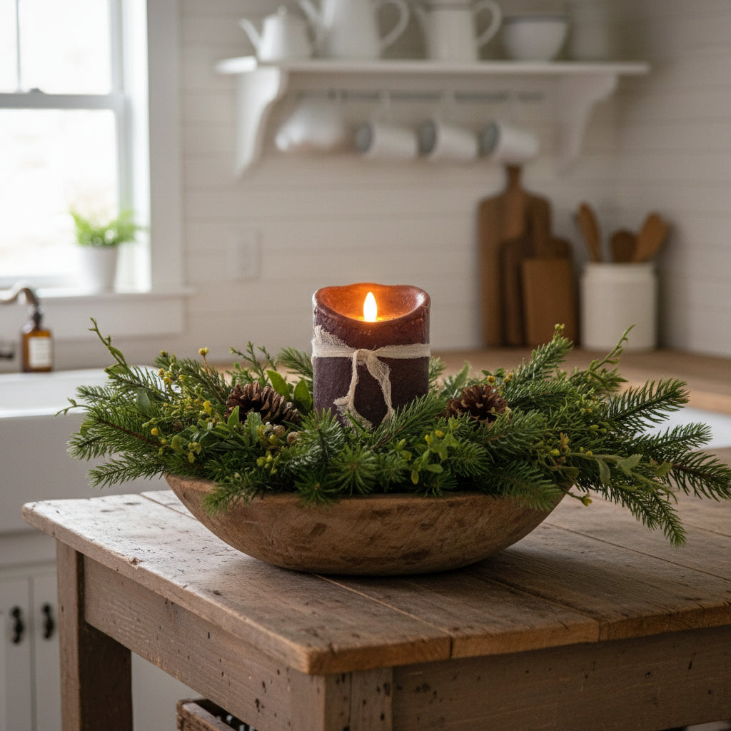 Decorative candle in a wooden bowl with greenery on a kitchen counter