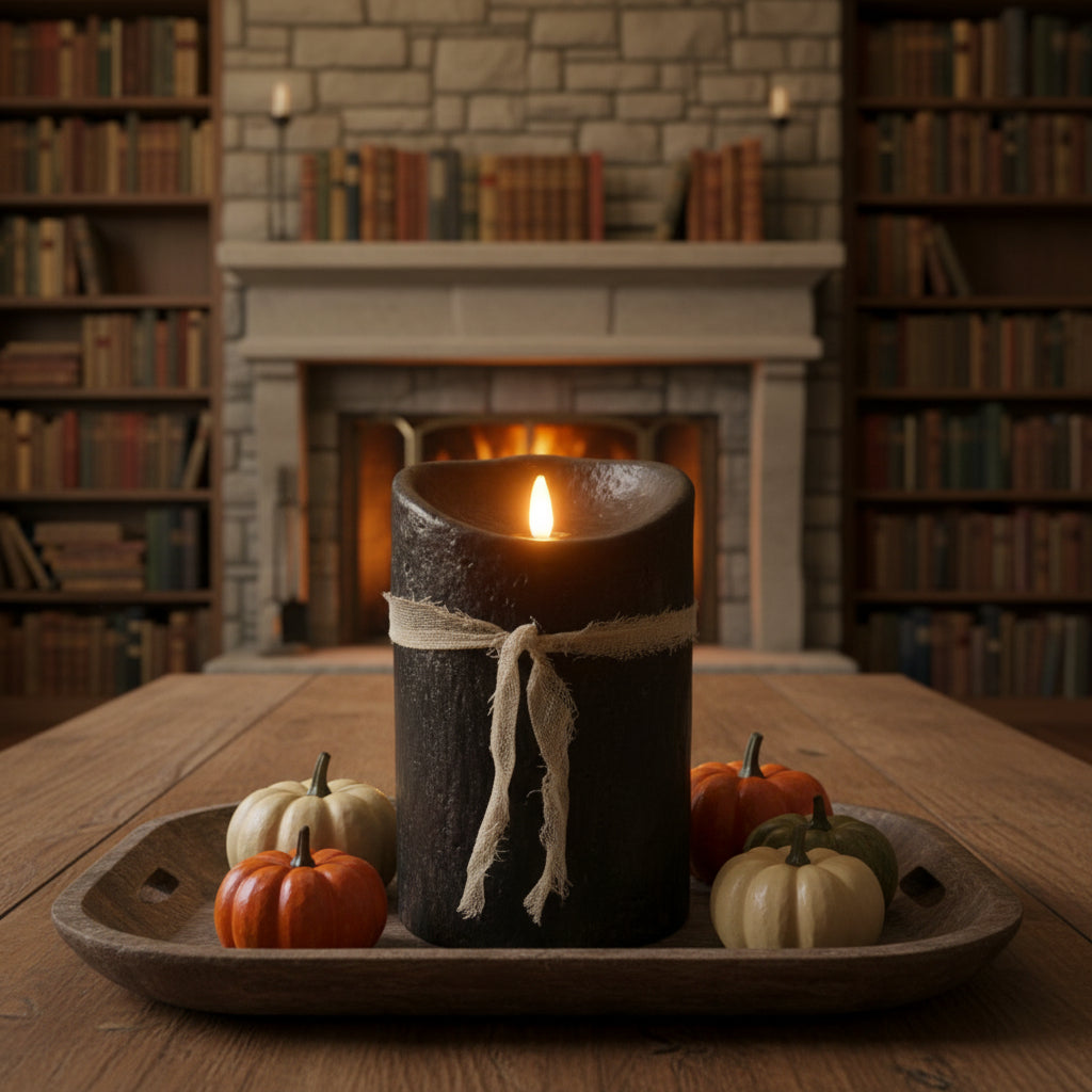 Dark candle with a decorative string on a light background