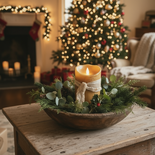Decorative candle with greenery on a wooden table in a room with chairs and framed pictures.