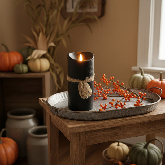 Decorative candle on a tray with pumpkins and berries in a warm-toned room.