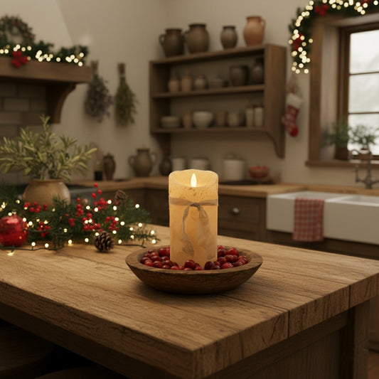 Textured cylindrical candle with burlap ribbon on a white background