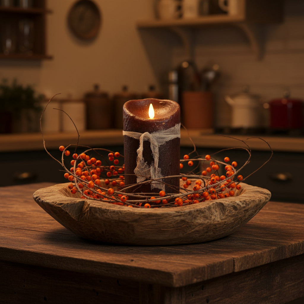 Brown candle with decorative lace on a neutral background
