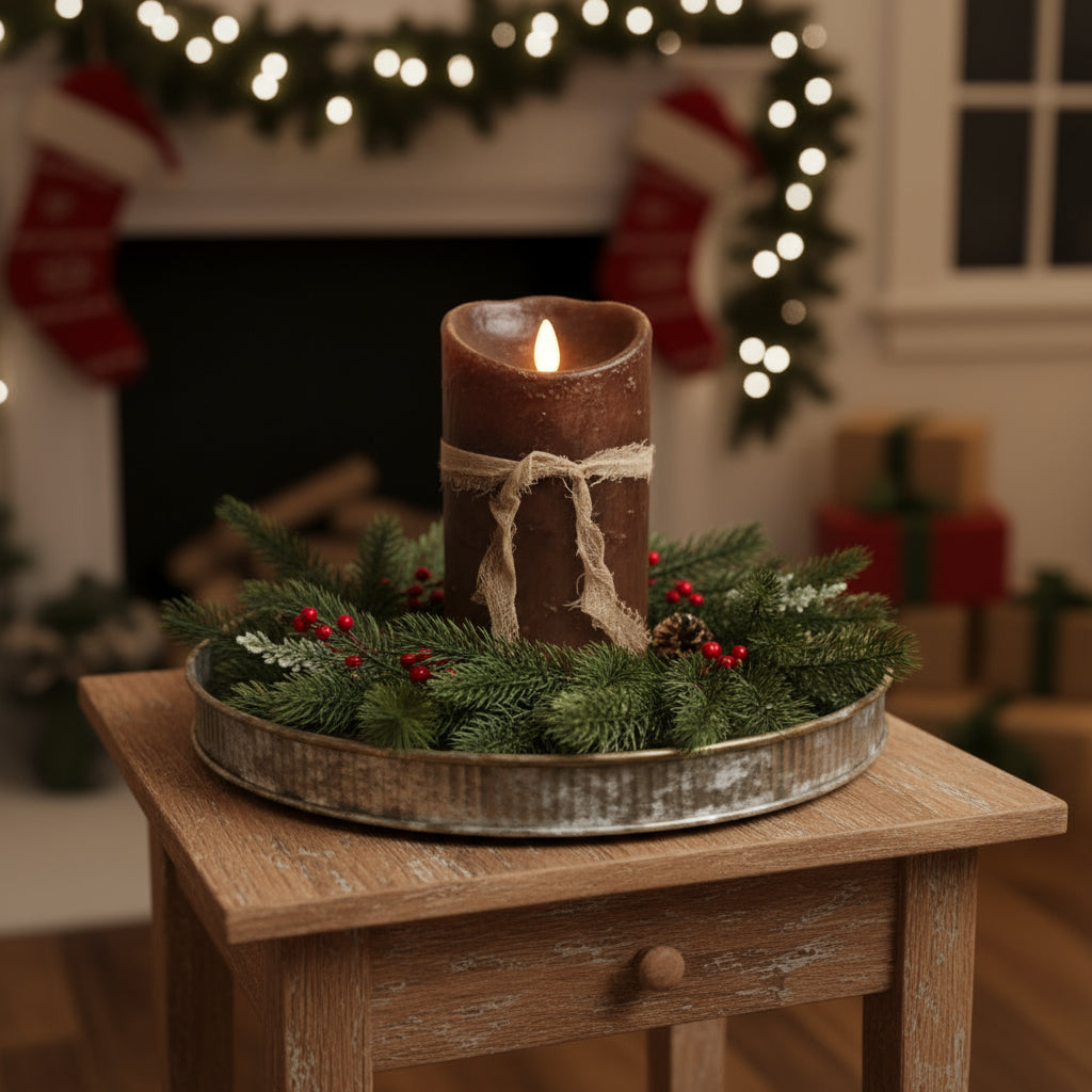 Brown candle with burlap wrap on a white surface