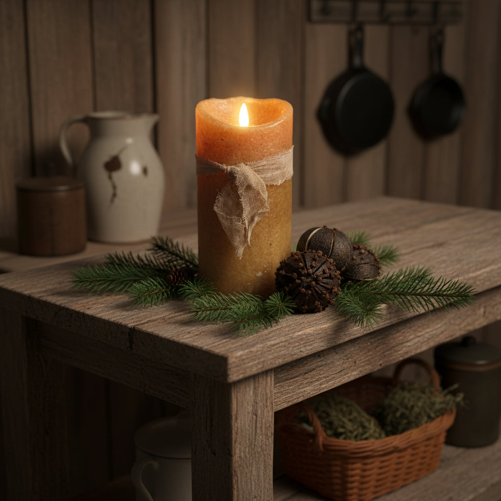 Candle on a wooden table with decorative elements in a rustic setting