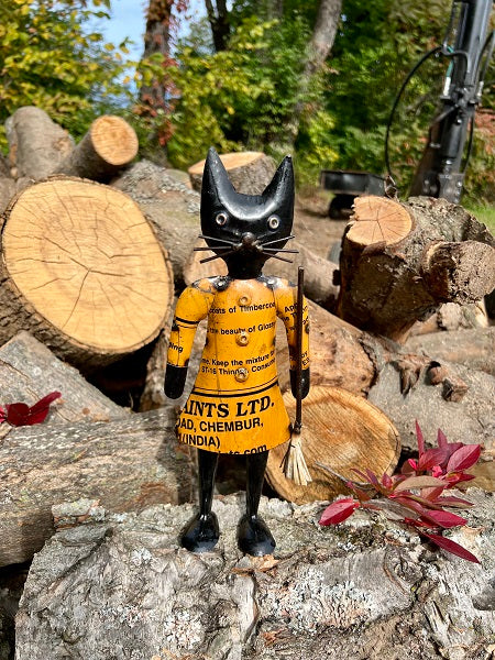 Black cat figurine wearing a yellow shirt with text, standing on logs with trees in the background