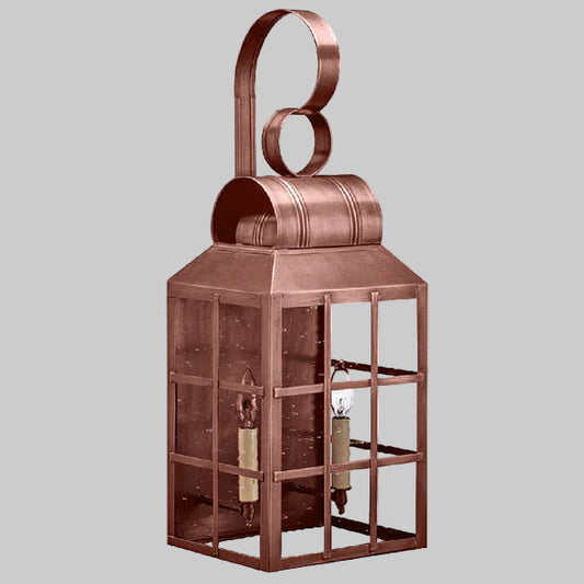 Copper lantern with glass panels on a gray background