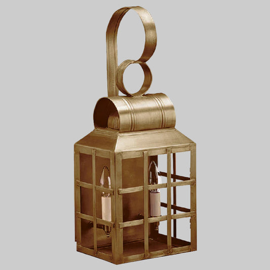 Decorative gold lantern with circular design on top against a white background
