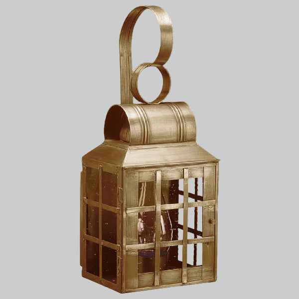 Decorative wooden lantern with a handle on a gray background