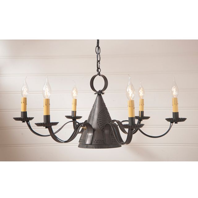 Black chandelier with six candles on a white background