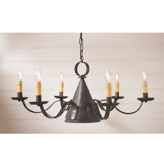Black chandelier with six candles on a white background