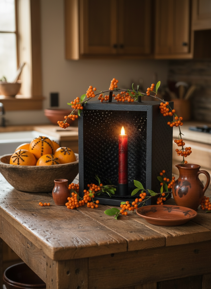 Candle in a decorative holder on a wooden table with autumn decorations