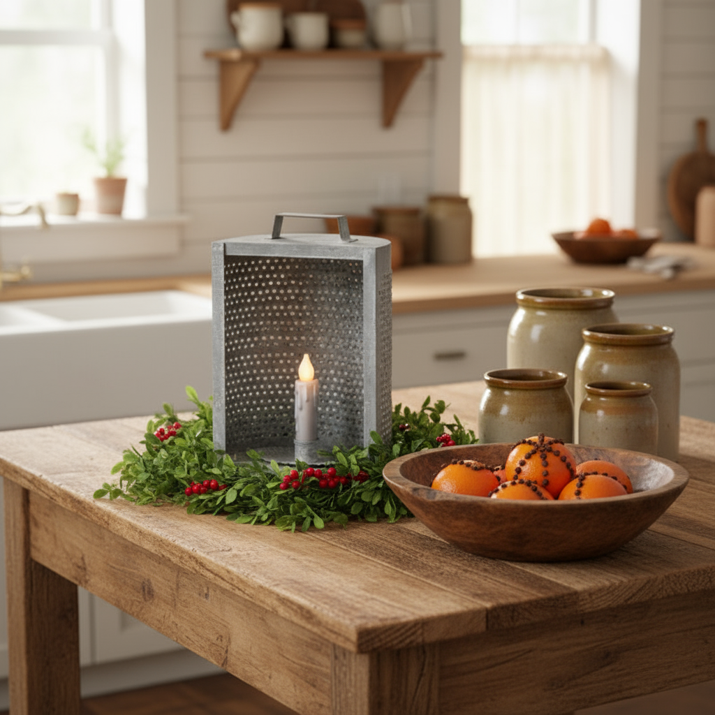 Decorative setup on a wooden table with a lantern, candle, and bowl of oranges in a kitchen.