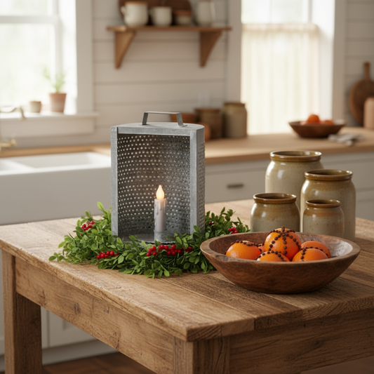 Decorative setup on a wooden table with a lantern, candle, and bowl of oranges in a kitchen.