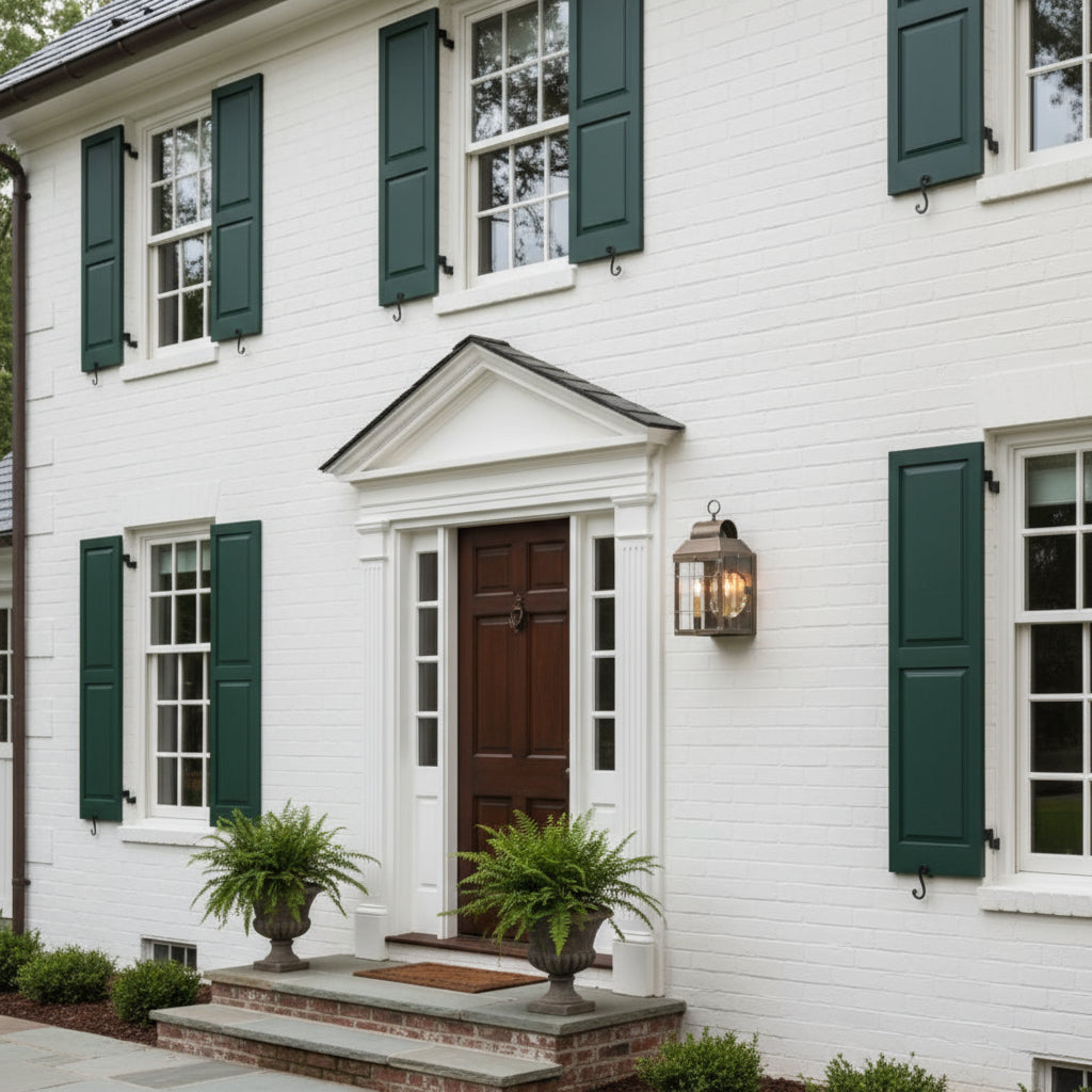 A weathered brass wall lantern with a three-light design, featuring clear glass panels and a lacquer coating mounted on colonial home.