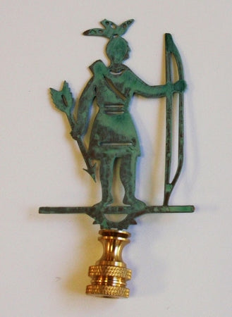 A copper lamp finial with a verdigris finish and a gold base.