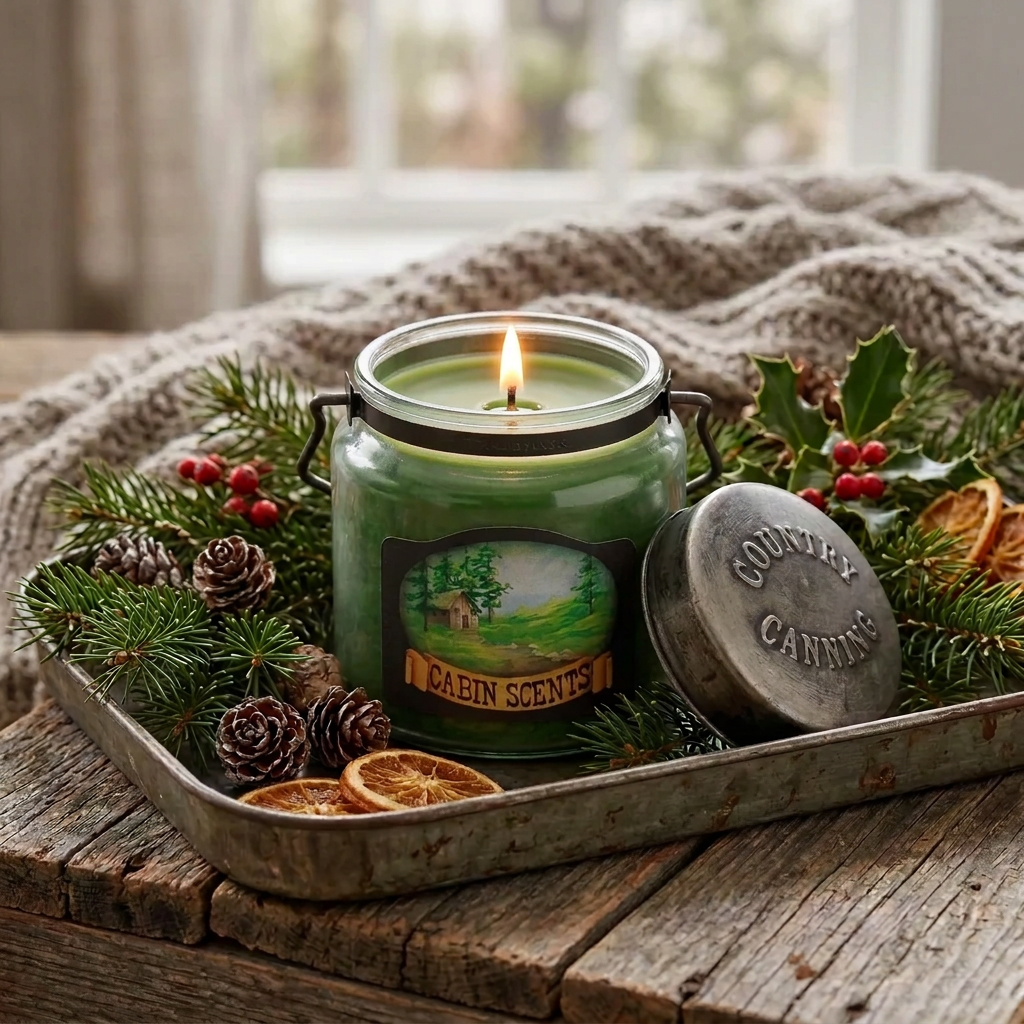 Lit Cabin Scents green jar candle on a rustic tray with pine branches, pinecones, red berries, and dried orange slices.