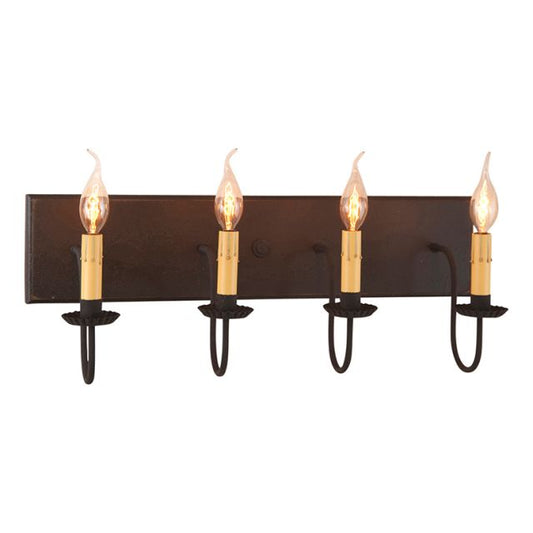 A traditional black vanity light with four exposed bulb sockets, hanging horizontally.