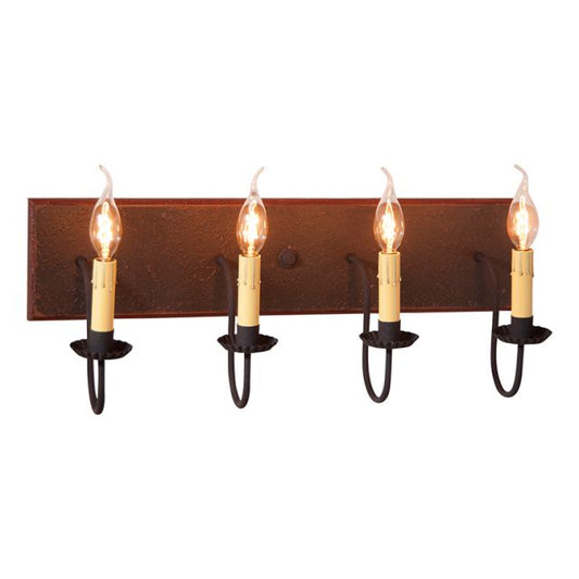 Primitive vanity light with four candelabra sockets in espresso with salem brick paint finish.