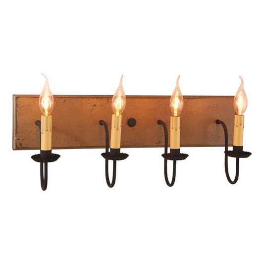 A pearwood vanity light with black textured arms and crimped pans, featuring four light bulbs.