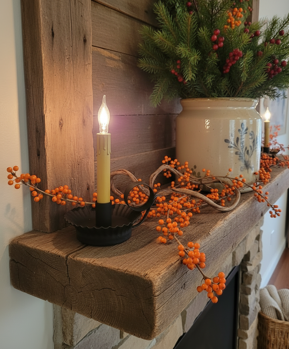 Decorative mantel with candles, berries, and a pot of greenery against a wooden panel background.