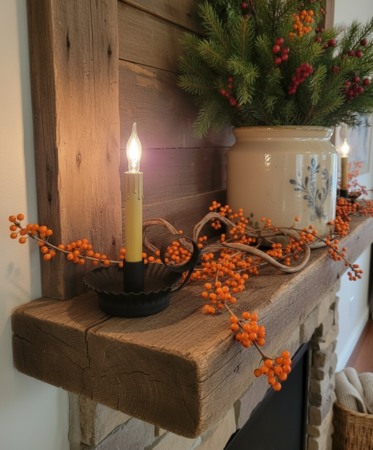 Decorative mantel with candles, berries, and a pot of greenery against a wooden panel background.