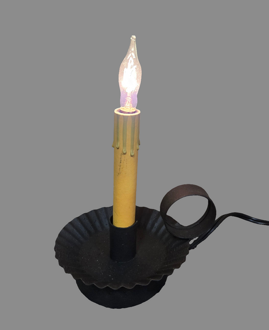 Electrified candle pan with crimped edges and a cream color sleeve and clear flame tip bulb