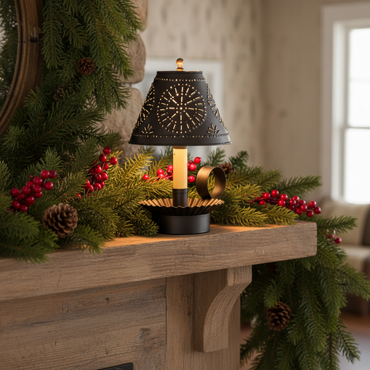 Decorative lamp on a mantelpiece with Christmas decorations
