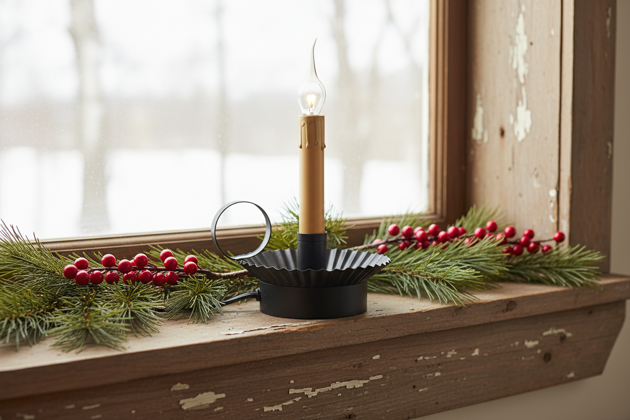 Decorative candle holder with greenery and berries on a wooden window sill.