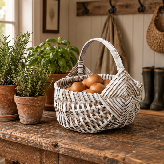 Basket of brown eggs next to potted herbs on an antique table in a mudroom.