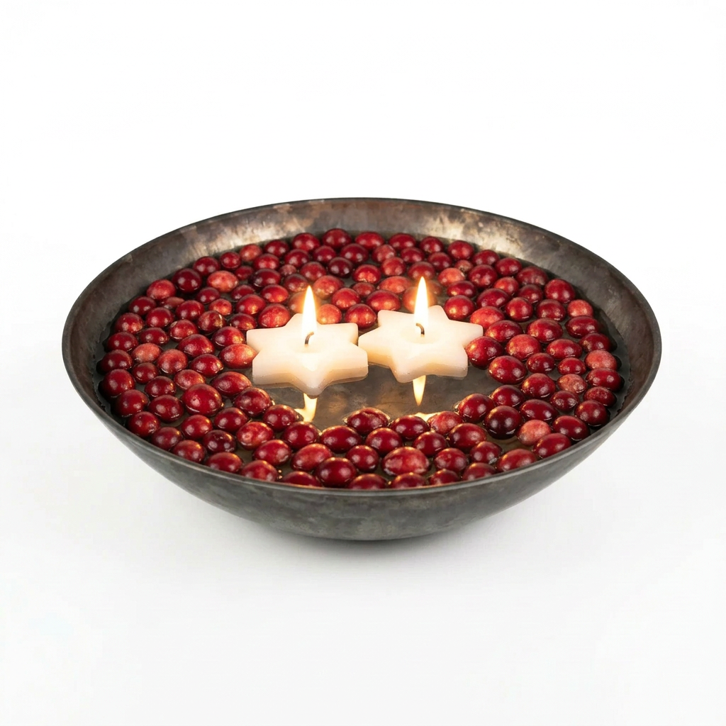 Medium dark floater bowl filled with water, two lit ivory star-shaped floating candles, and red cranberries against a white background.