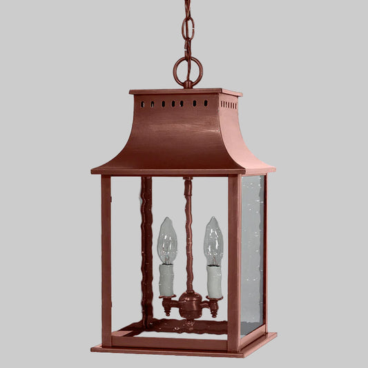 Bronze hanging lantern with two light bulbs on a white background