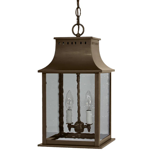 Bronze hanging lantern with glass panels on a white background