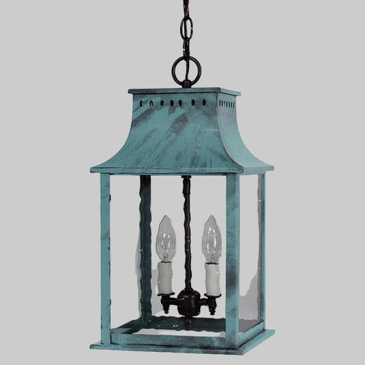 Vintage-style hanging lantern with two light bulbs on a white background