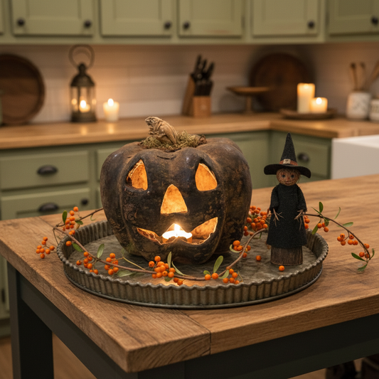 Halloween-themed decoration with a carved pumpkin, candle, and witch figurine on a kitchen counter.