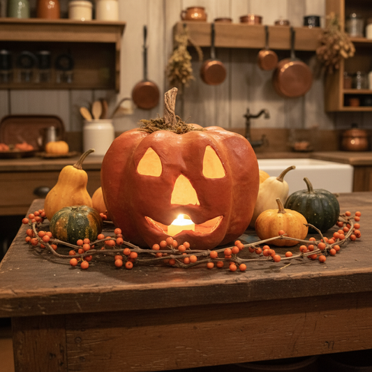 Carved pumpkin with lit candle on a wooden table in a rustic kitchen.