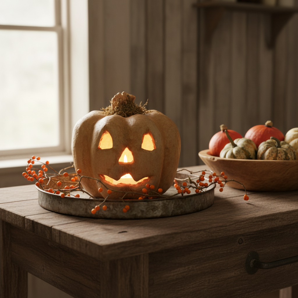 Carved pumpkin with a lit candle on a wooden table, surrounded by gourds and berries.